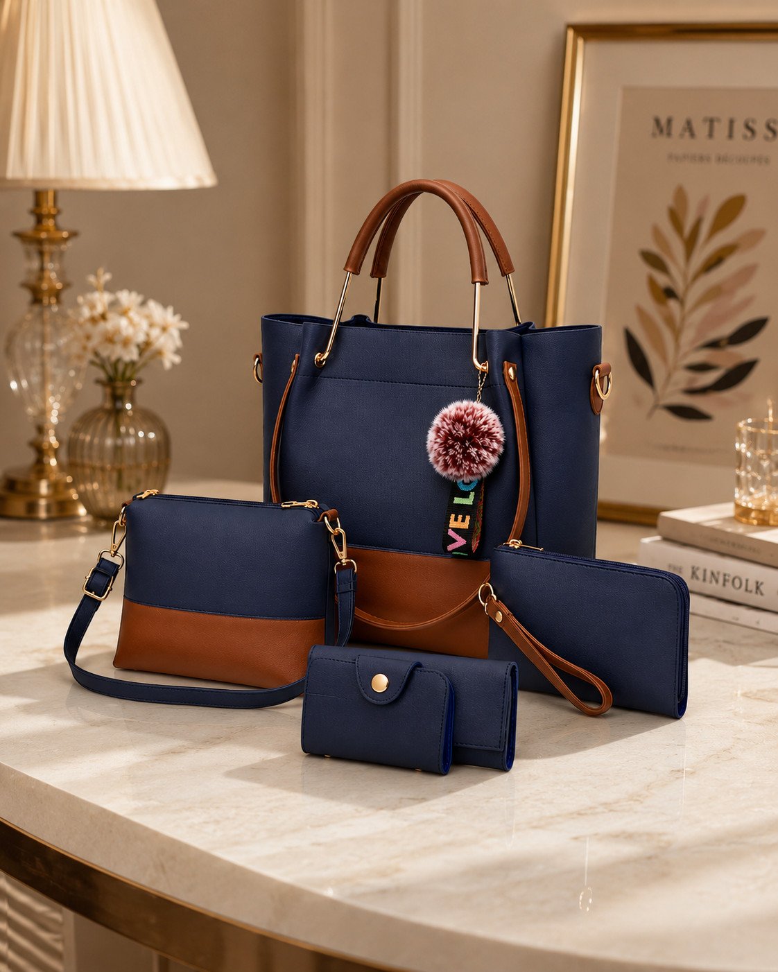 4-Piece Women's Handbag Set – Navy Blue & Brown Tote Bag, Shoulder Bag, Clutch & Wallet