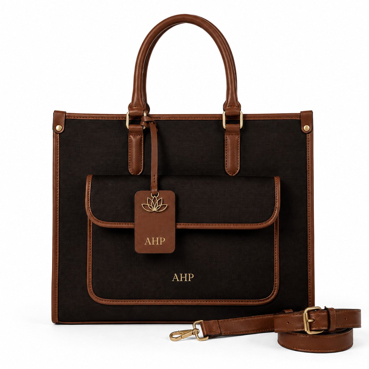 AHP Danika Black & Brown Canvas Tote Bag with Adjustable Shoulder Strap