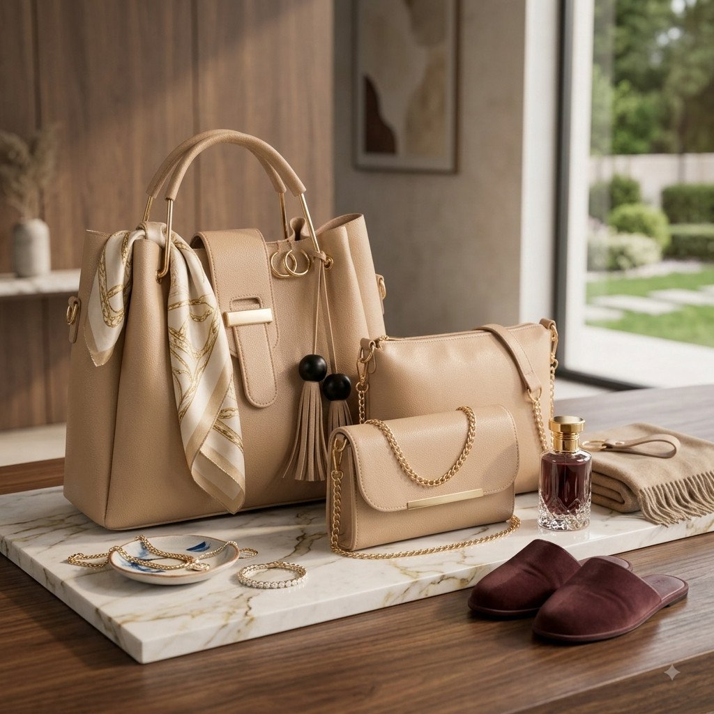 Women’s Premium 3-Piece Handbag Set – Tote Bag, Pouch & Chain Clutch