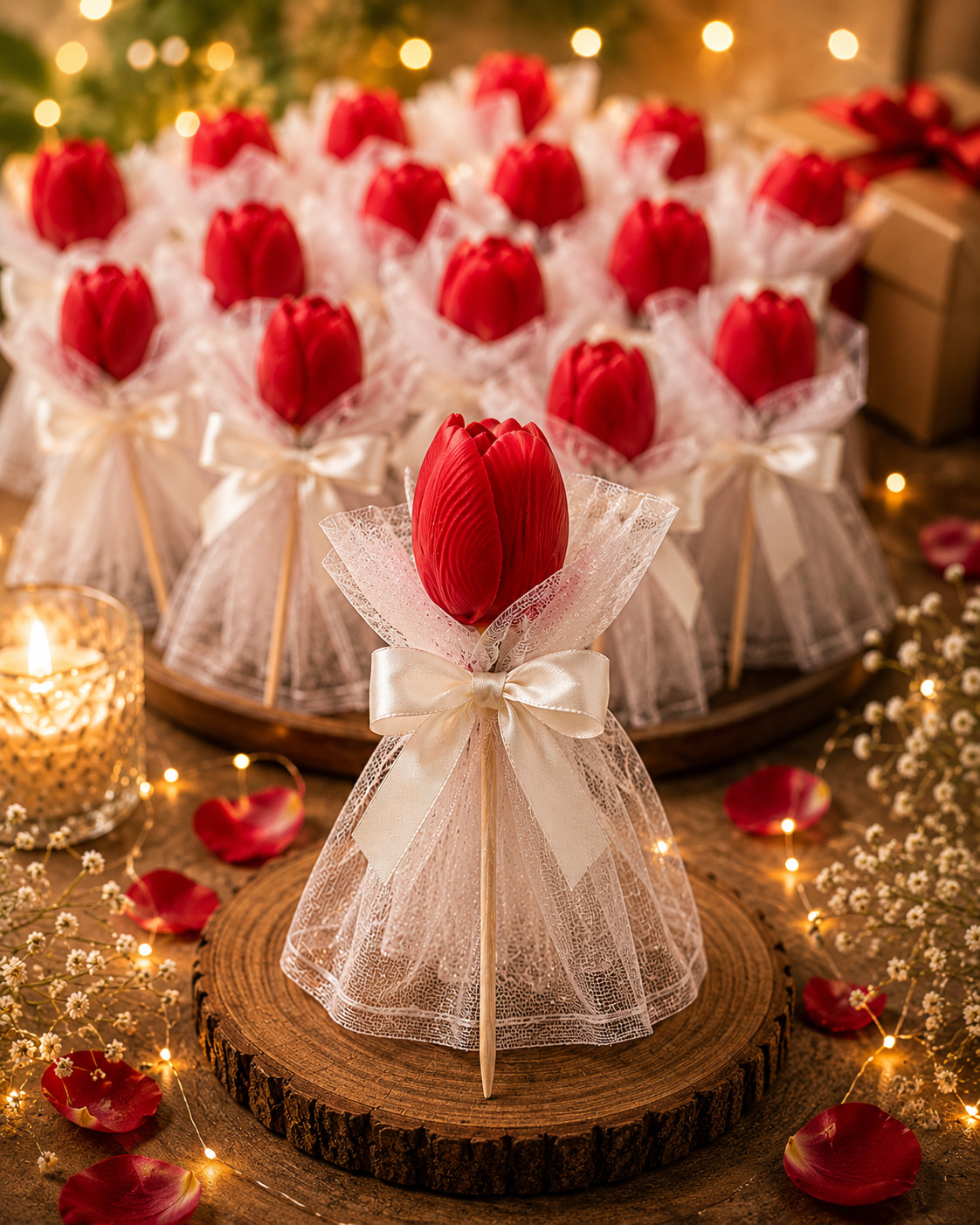 Handcrafted Tulip Flower Candle Favors on Stick | Mini Floral Wax Gift for Wedding & Return Gifts