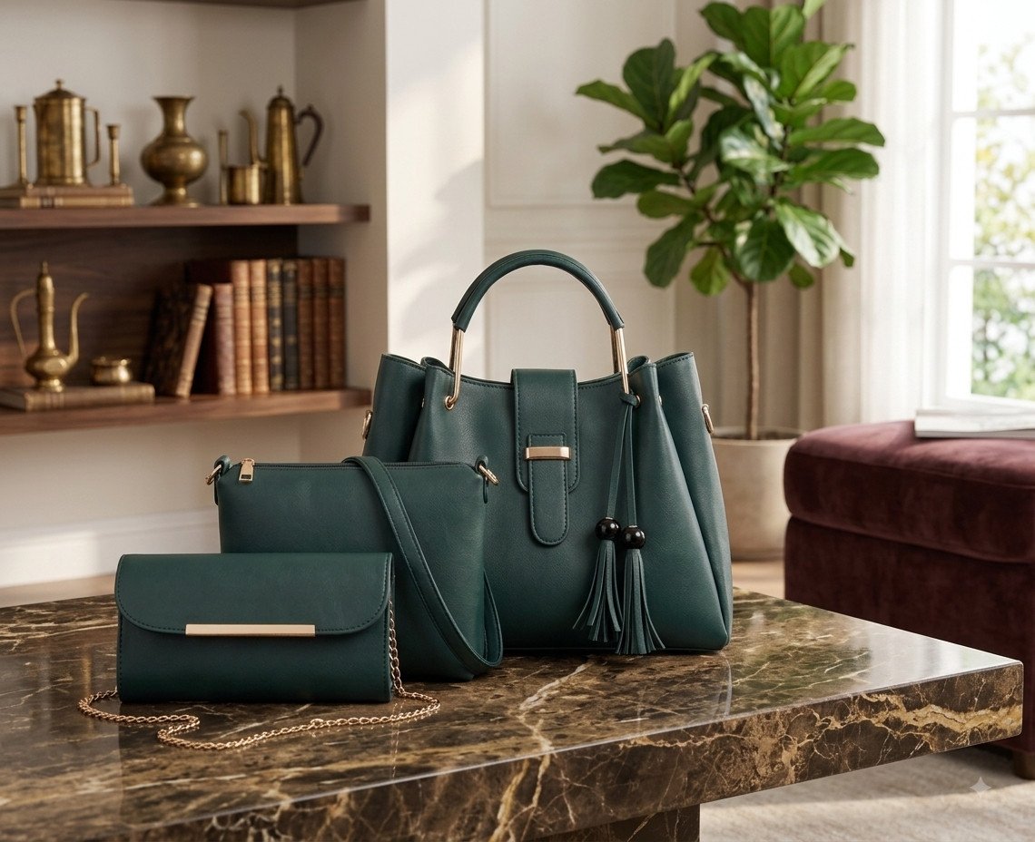Premium Dark Green 3-Piece Handbag Set for Women