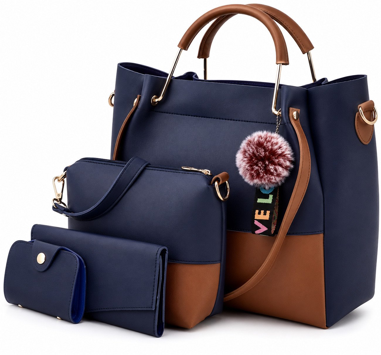 4-Piece Women's Handbag Set – Navy Blue & Brown Tote Bag, Shoulder Bag, Clutch & Wallet