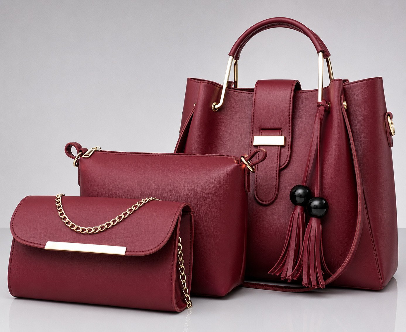 Premium 3-Piece Women's Handbag Set – Burgundy